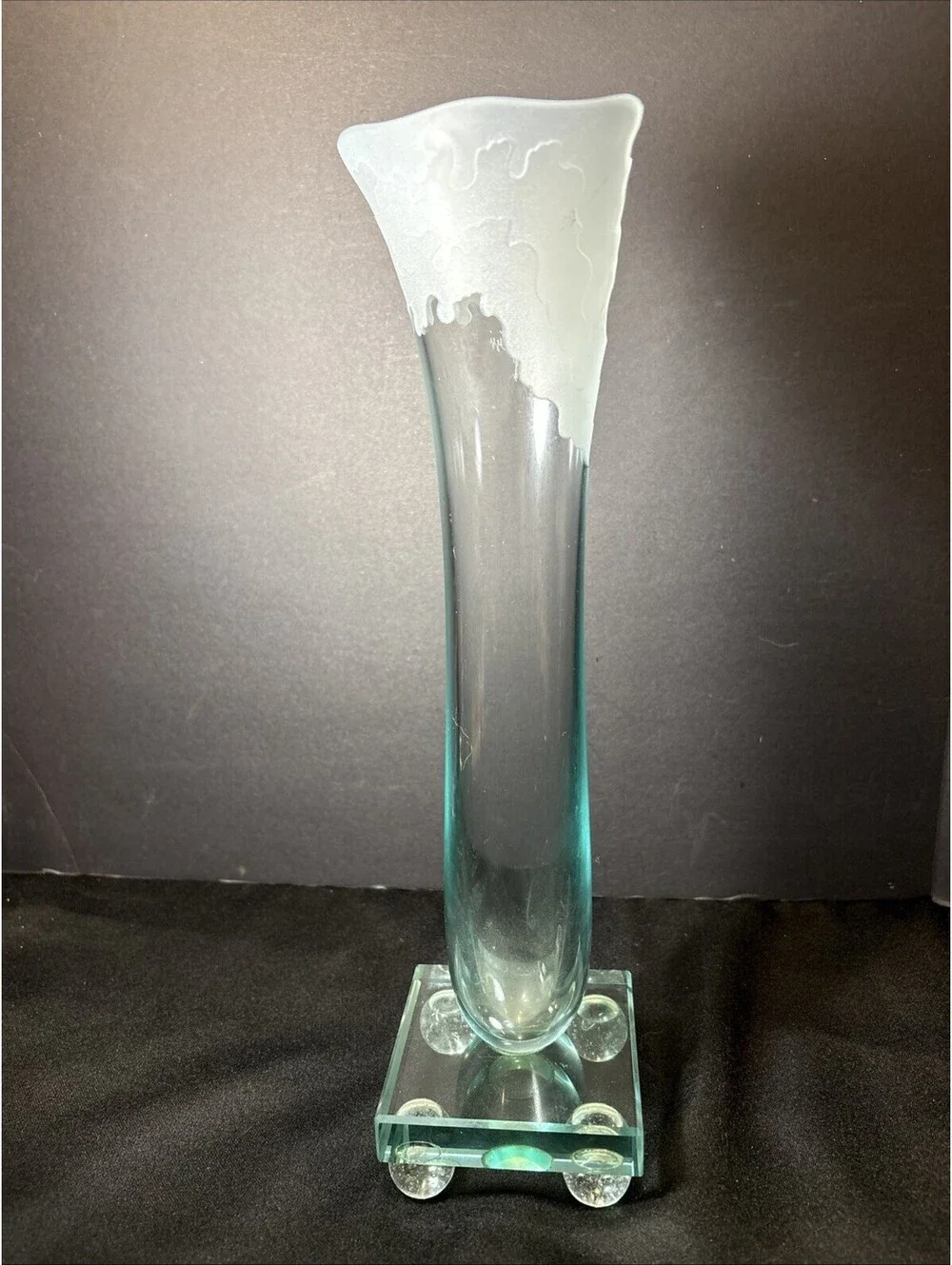 VTG Salvatore Polizzi Signed Aqua Glass Vase Frosted Ruffled Top Art Deco 13.5”